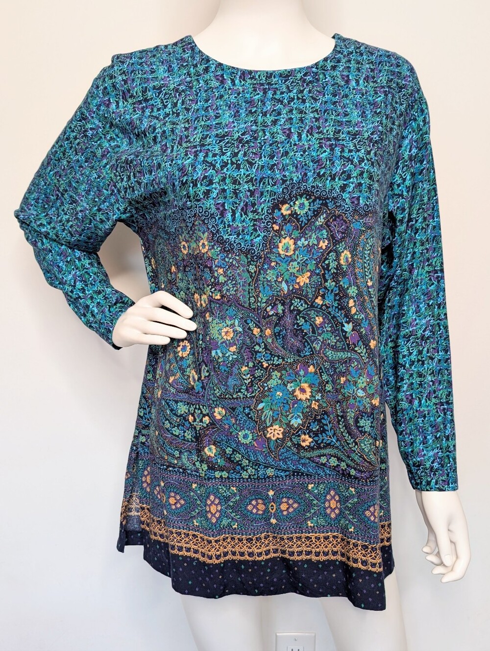 Vintage Green, Blue, & Purple Paisley Floral Long Sleeve Tunic Blouse